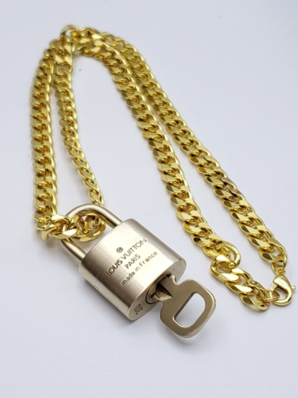 Authentic Louis Vuitton Gold Lock With Unbranded Cuban Style Gold Plated Chain - Picture 3 of 10